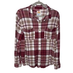 C&C California Mens Plaid Flannel Shirt Burgundy Tan White Long Sleeve Size L‎